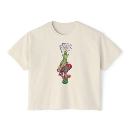 Women's Boxy Tee — Retro Mushroom Floral 'GK ROTH' Graphic Crop Top