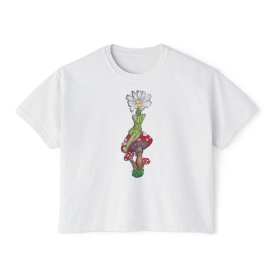 Women's Boxy Tee — Retro Mushroom Floral 'GK ROTH' Graphic Crop Top